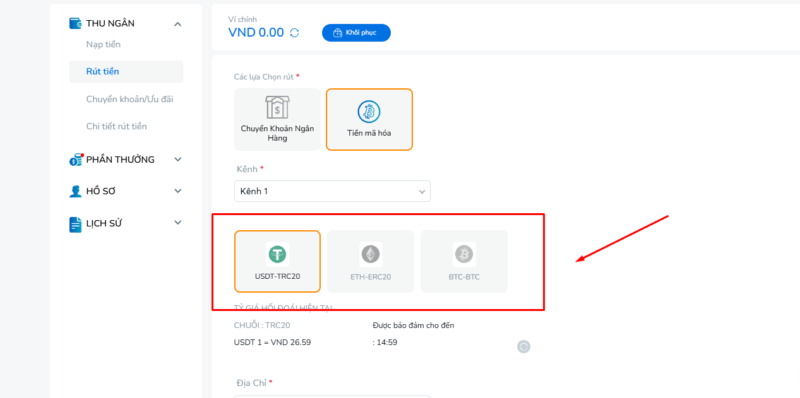Chọn loại tiền mã hóa muốn rút tại BK8