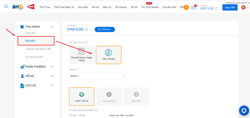 Chọn mục tiền mã hóa tại BK8
