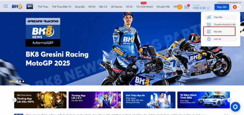 Tại trang chủ BK8 người chơi chọn rút tiền