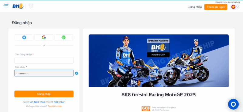 Tại website BK8 ta chọn đăng nhập