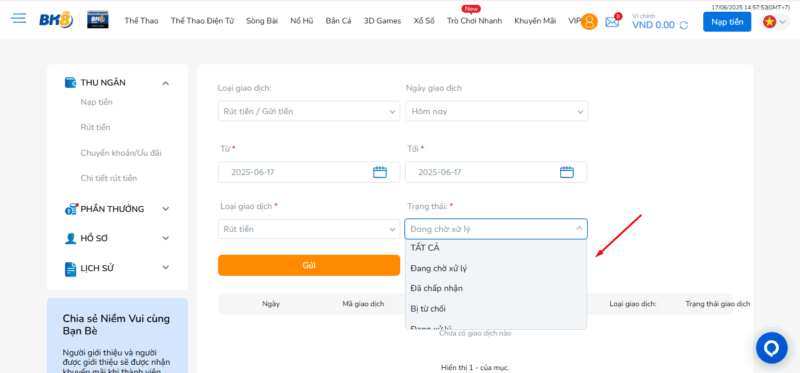 Kiểm tra lịch sử rút tại BK8