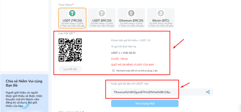 Nhận địa chỉ ví tiền mã hóa từ BK8