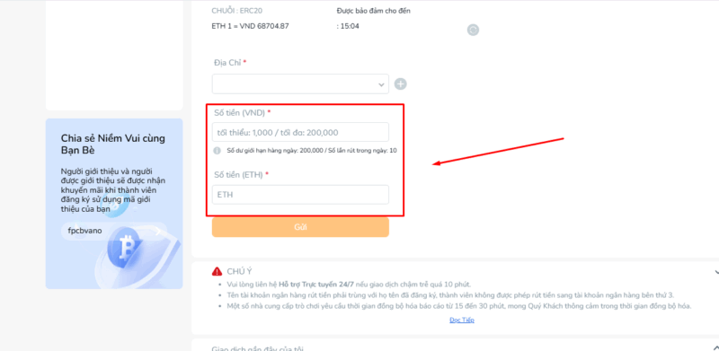Nhập số tiền muốn rút từ tài khoản BK8
