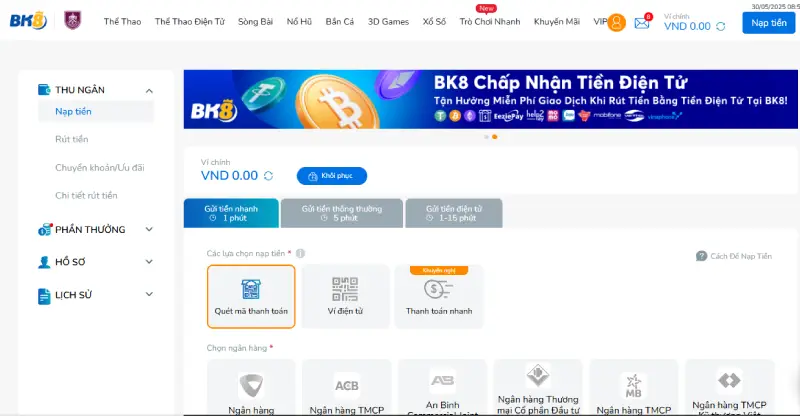 Nhiều cách nạp tiền tại nhà cái BK8