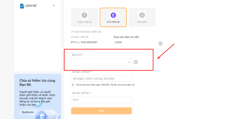 Thêm mã ví tiền mã hóa của bạn để nhận tiền từ BK8